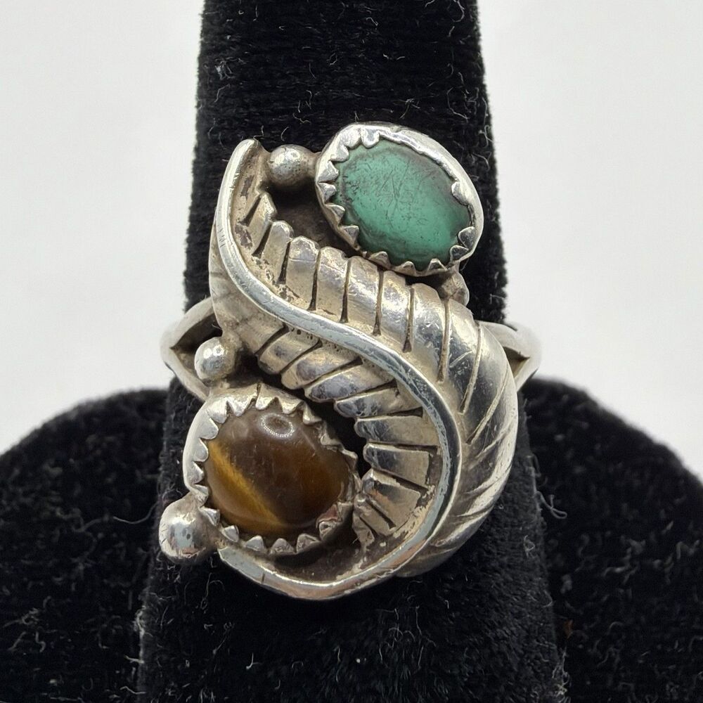 925 Sterling Silver Turquoise Tiger Eye Leaf Ring Size 8.25 5.2g